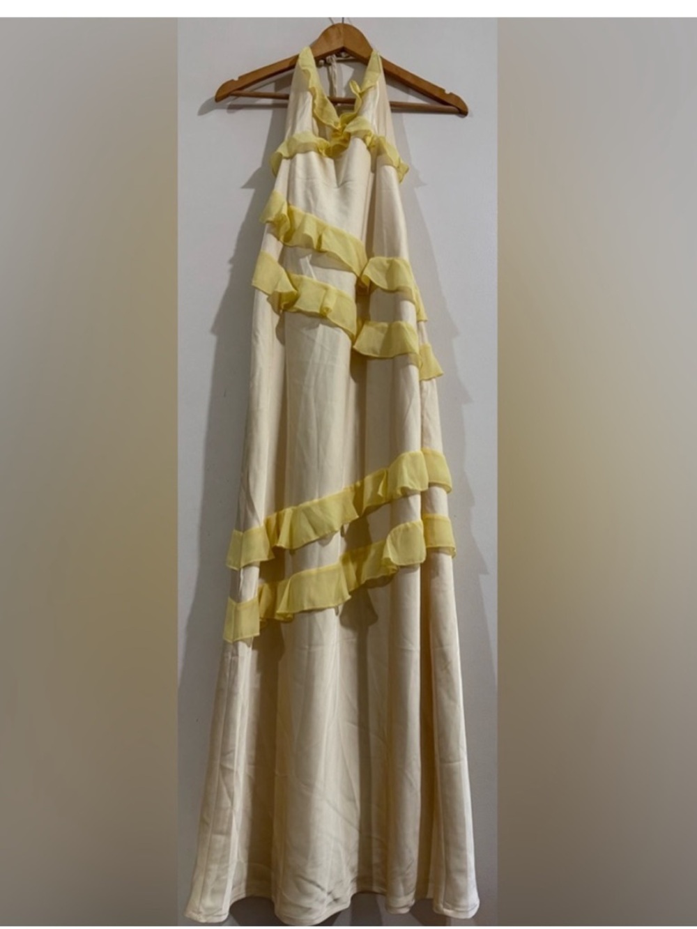 Beginning Boutique Cream Halter Maxi with Yellow Ruffle Tiers
